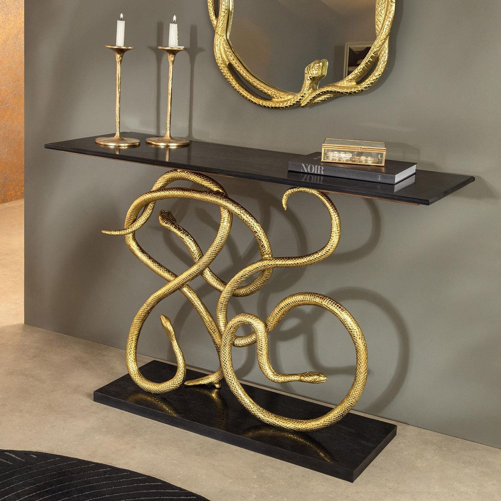 riess-ambiente.de Moderner Konsolentisch WILDLIFE SNAKE 115cm schwarz gold Marmor Schlange Skulptur Anrichte Konsole