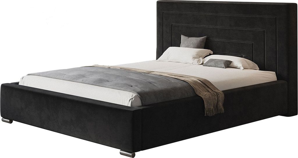 Polsterbett NIZZA mit Kopfteil, 140x200 cm, Doppelbett mit Bettkasten und Lattenrost aus Metal, Velourstoff Schwarz