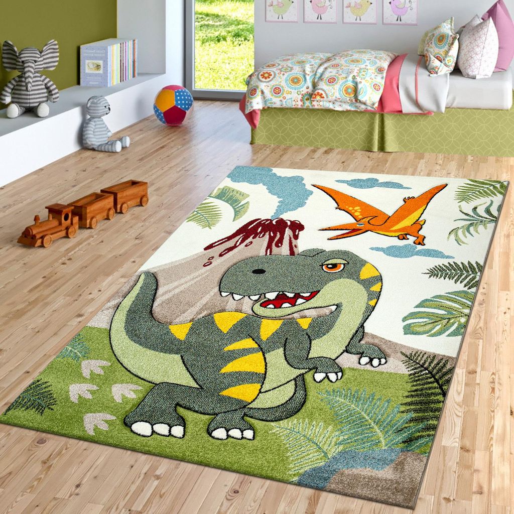 TT Home Kinderzimmer Kurzflor Teppich Dinosaurier Motiv Produktbild 
