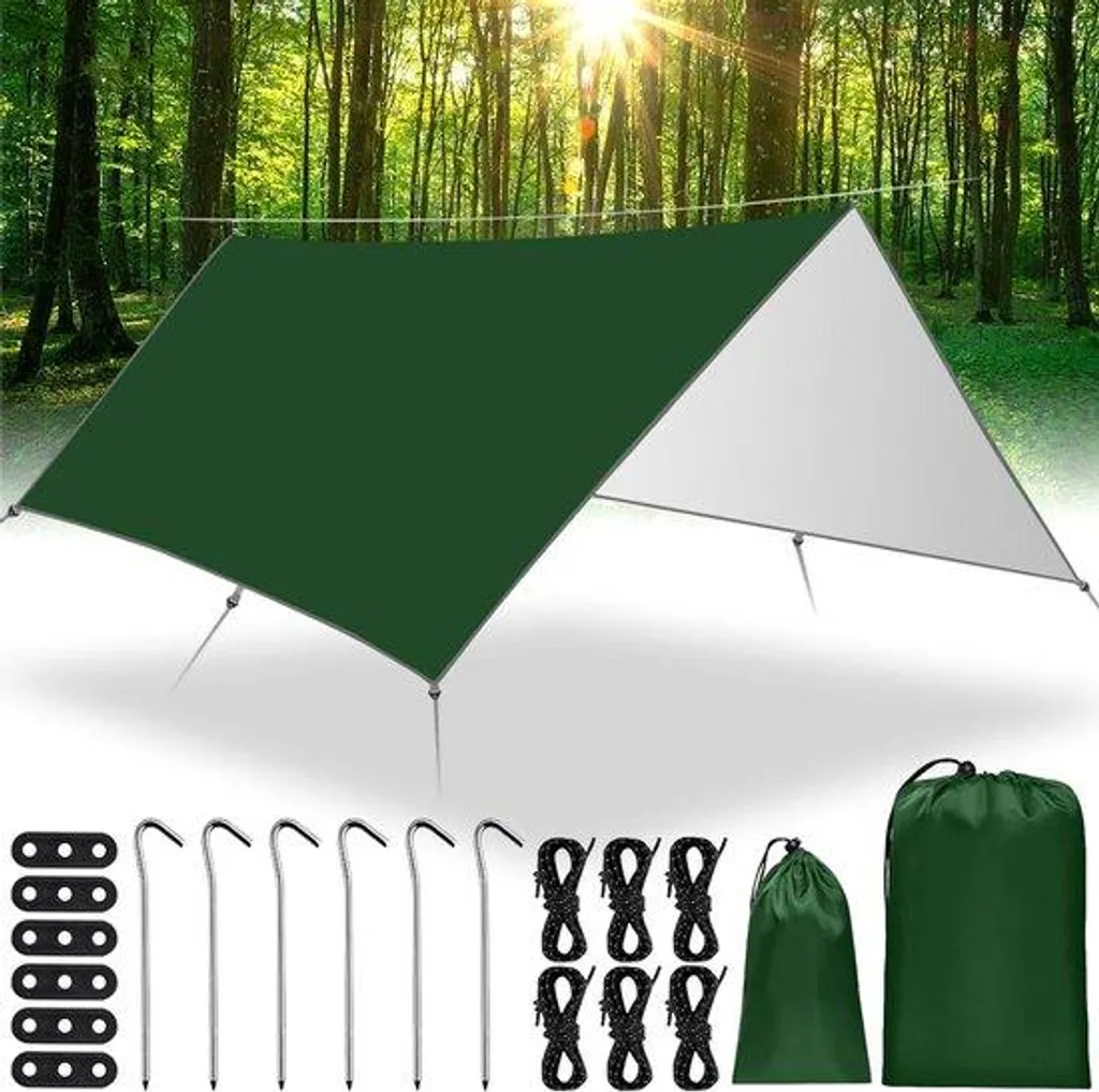 Bâche imperméable ultra-légère 3x3m avec 6 crochets nylon pour camping