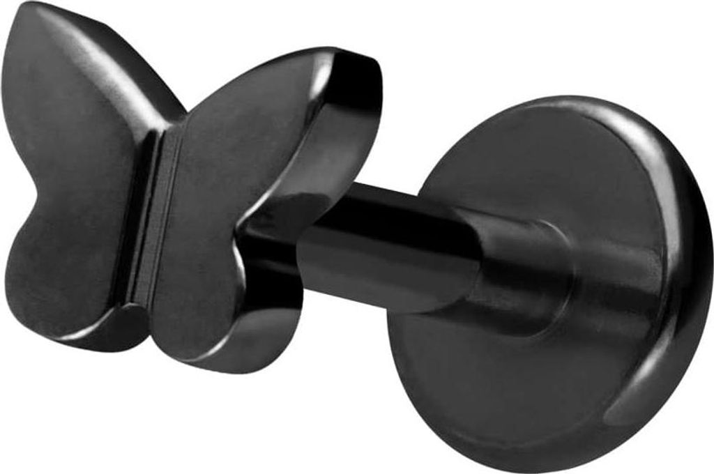 Ohrpiercing, Nasenpiercing Titan Labret mit Innengewinde SCHMETTERLING Schwarz Stablänge: 6mm | Stabstärke: 1,2mm