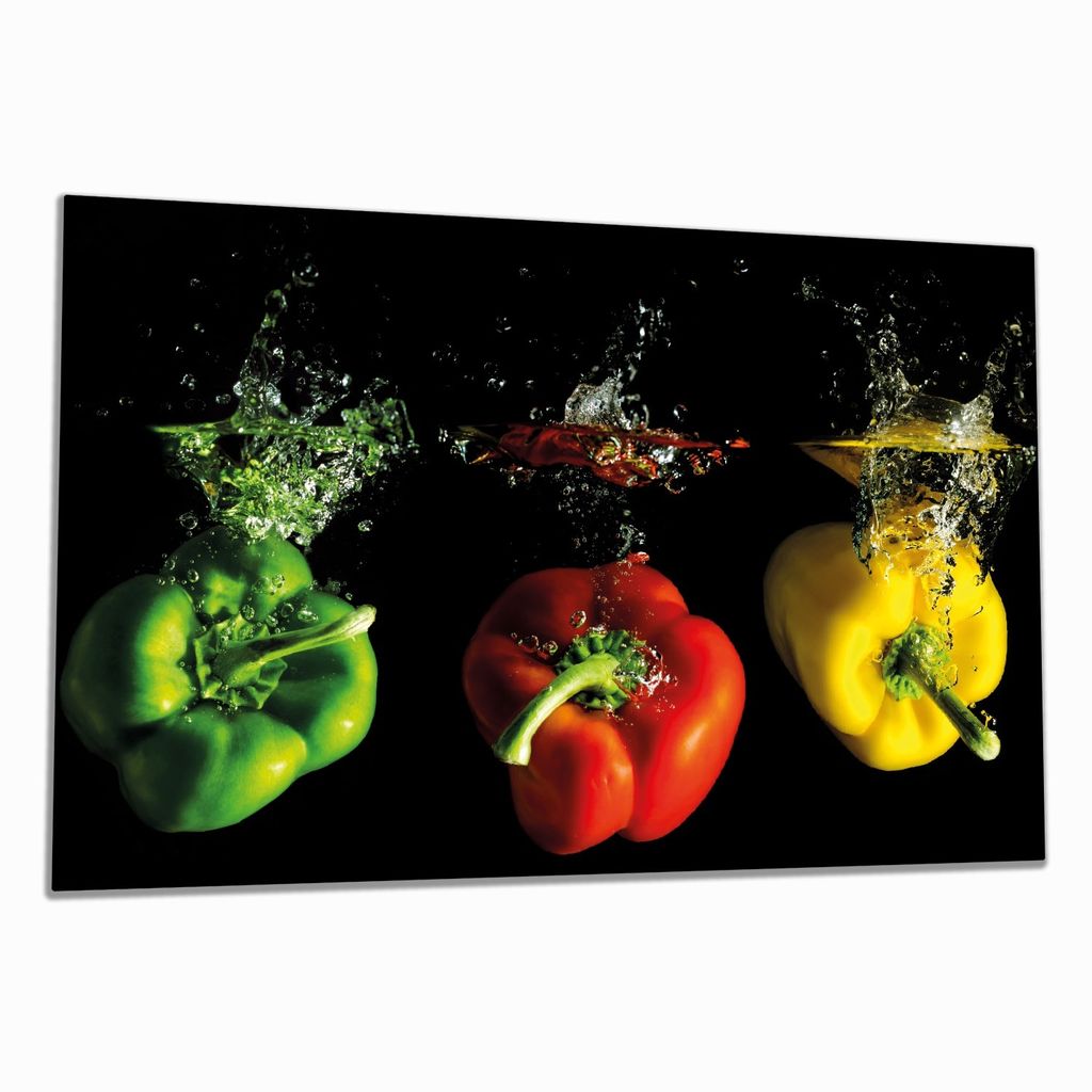Wallario Herdabdeckplatte aus Glas, Größe 80 x 52 cm 1-teilig, Motiv Bunte Küche Paprika in rot gelb orange und grün im Wasser