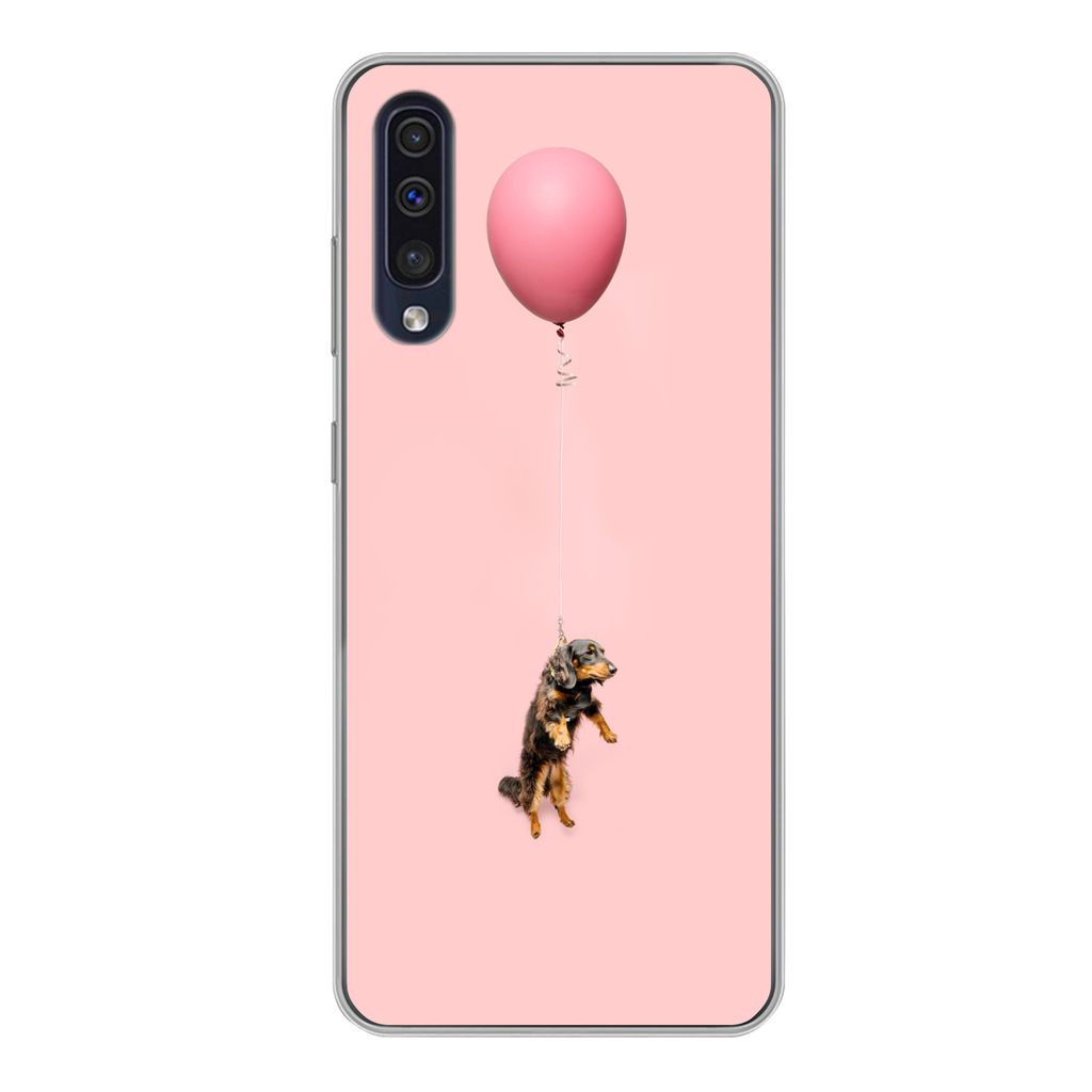 MuchoWow Handyhülle Schutzhülle Hülle für Samsung Galaxy A50 Dackel schwebt durch einen Ballon nach oben Silikon Softcase Handy Hülle - Mobi...