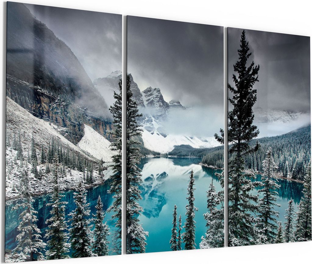 DEQORI Glasbilder Acryl 3x50x100 cm 'Moraine See im Winter' Wandbilder XXL groß