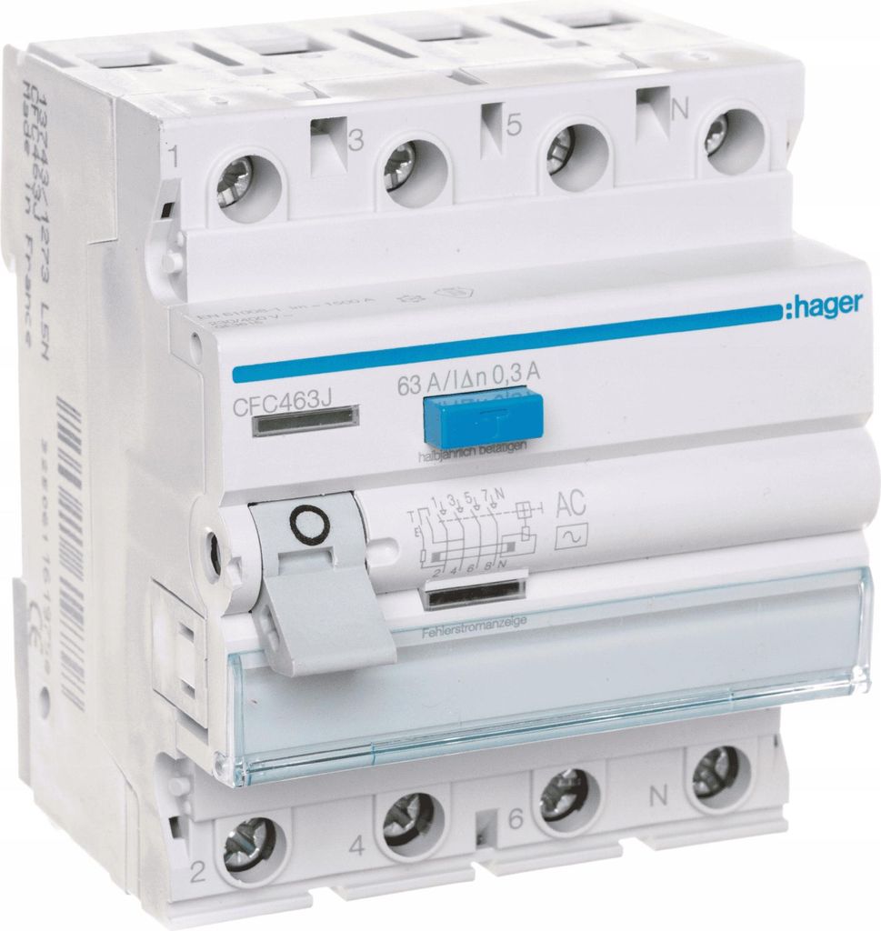 HAGER RCCB Fehlerstromschutzschalter 3P+N 63A 300mA 6kA AC Produktbild 