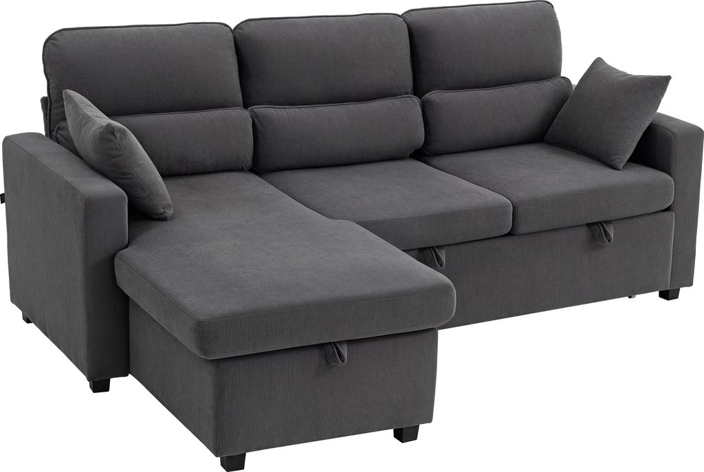 Verstellbares Bettsofa, L-förmiges Gästesofa mit Bettfunktion, Stauraum, Kissen, für Wohnzimmer, Gästezimmer, Dunkelgrau