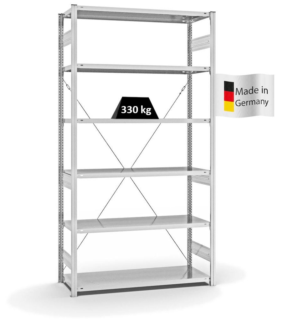 PROREGAL Fachbodenregal Stecksystem MAGNUS Germany | HxBxT 250x130x50cm | 6 Ebenen | Fachlast 330 kg | Einseitig nutzbar | Lichtgrau