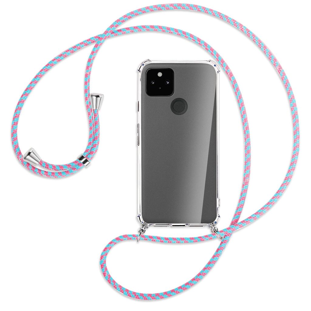 Handykette Backcover-Schutzhülle mit Band (Metall silberfarben) für Google Pixel 5a 5G - pink/mint