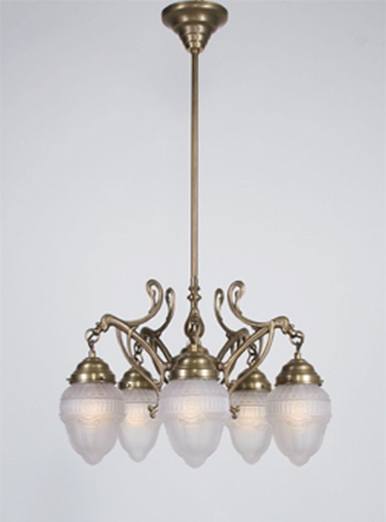 Hängelampe Echt-Messing Glas E27 H: max. 94 cm in Berliner Messing Weiß matt Jugendstil Pendelleuchte