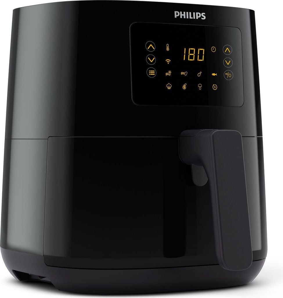 A black Philips Airfryer is shown from a side-angle against a white background.
