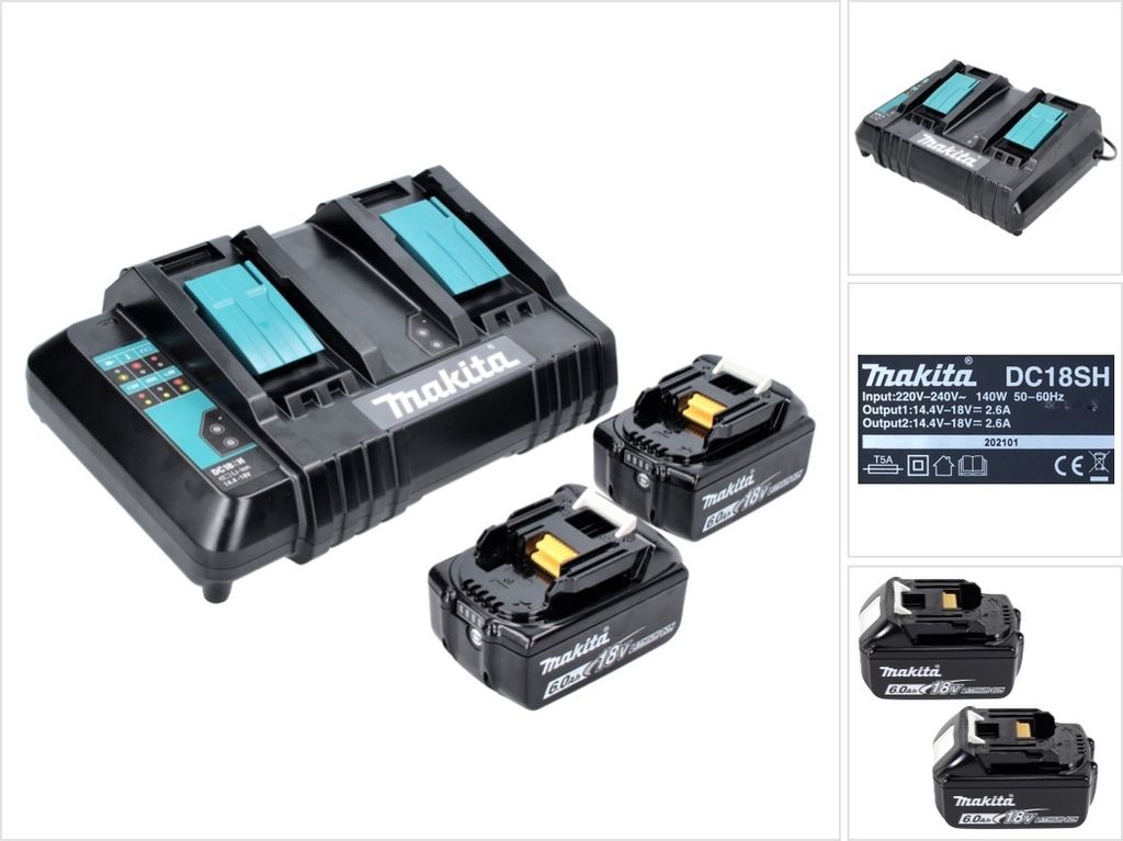Makita Power Source Kit 18 V mit 2x BL 1860 B 6,0 Ah Akku ( 197422-4 ) + DC 18 SH Doppel Ladegerät ( 199687-4 )