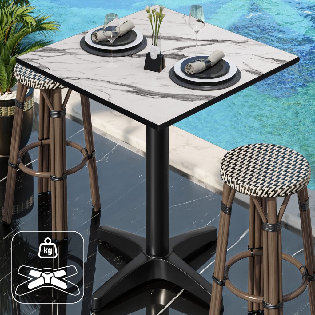 CPBL | HPL Compact Bistro Stehtisch | 60 x 60 x 110 cm | + Zusatzgewicht | Weiß Marmor / Schwarz | Bistrotisch Gastro Steh Tisch