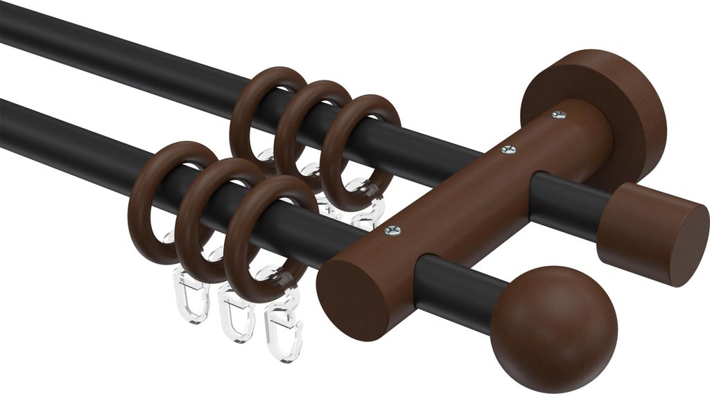 Interdeco Gardinenstange / Vorhangstange Schwarz / Nussbaum lackiert, Typ Adrian Geo (Kugel), 16 mm Ø 2-läufig, 280 cm