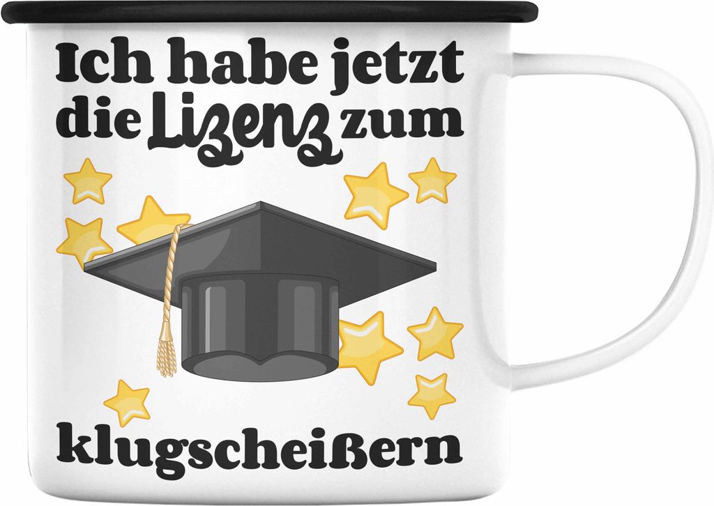Trendation - Bachelor Geschenk Abschluss Emaille Tasse Spruch Master Abitur Abi Graduation Bestanden Prüfung (Schwarz)