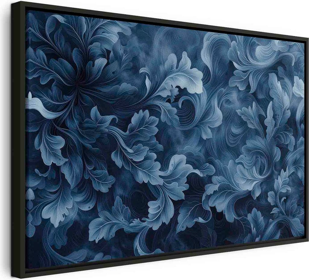 Italienischer Leinwand Leinwandbild - Abstract Ornaments Dark Blue Victorian Leaves 90x60 cm Muster f-H-10010-b-a