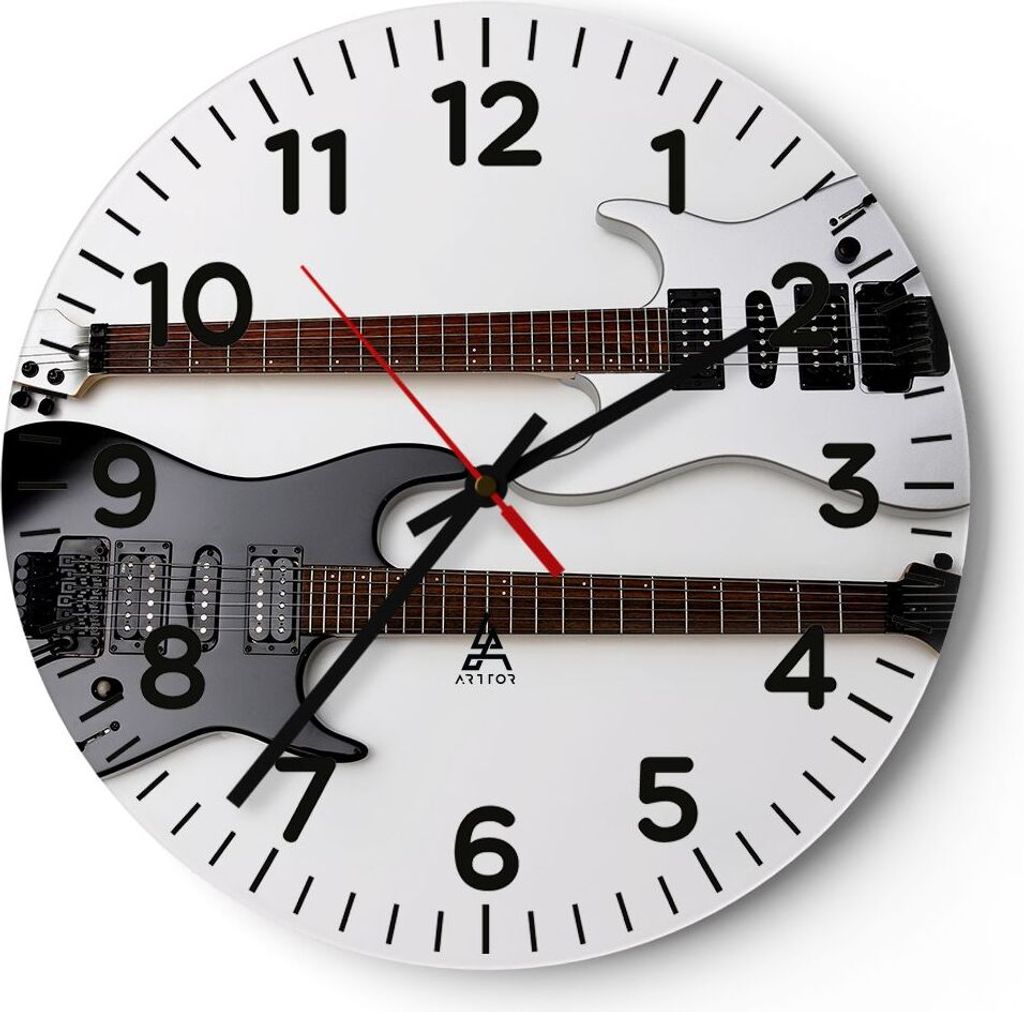 Wanduhr - Rund - Glasuhr - E-Gitarren Streicher Musikinstrument - 40x40cm - Schleichendes Uhrwerk - Lautlos - zum Aufhängen bereit - Dekoration Mo...