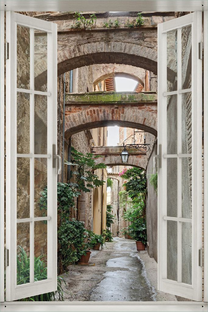 Wallario Outdoor-Poster für Garten oder Balkon 61 x 91,50 cm: Grüne italienische Gasse - mit alten Bögen