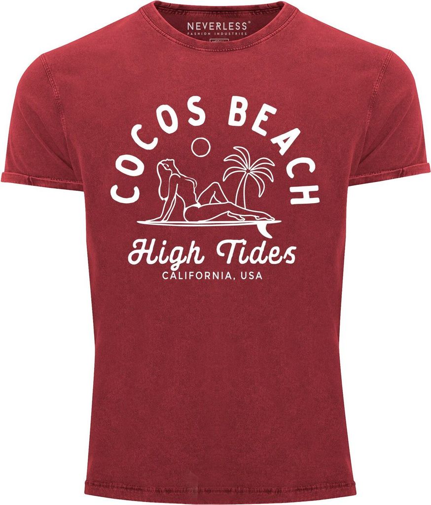 Cooles Angesagtes Herren T-Shirt Vintage Shirt Line Art Outline Cocos Beach Aufdruck Used Look Slim Fit Neverless rot M