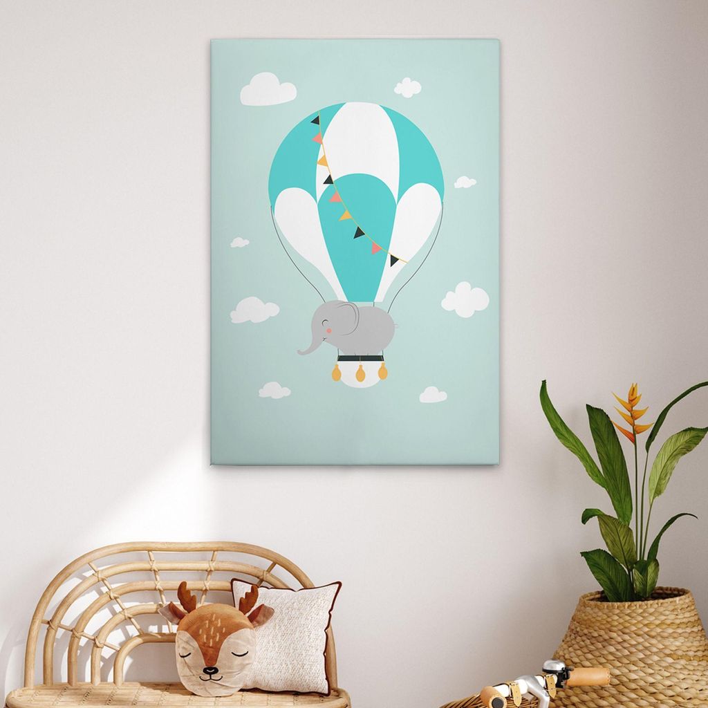 TADESSI Leinwandbild Heißluftballon Kinderzimmer Elefant - Wandbild 80 x 120 cm - Kunstdruck auf Leinwand in Grün Weiß - M1-No.51442
