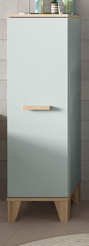 Badezimmer Midischrank "Luna" in grün und Eiche Bad Kommode skandinavisch 34 x 116 cm