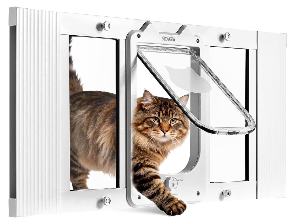 Katzenklappe für Fenster, an Fensterbreiten von 686-813 mm anpassbar, wetterfeste Haustiertür mit 4 Verriegelungsmodi, Aluminiumrahmen, hochtrans...
