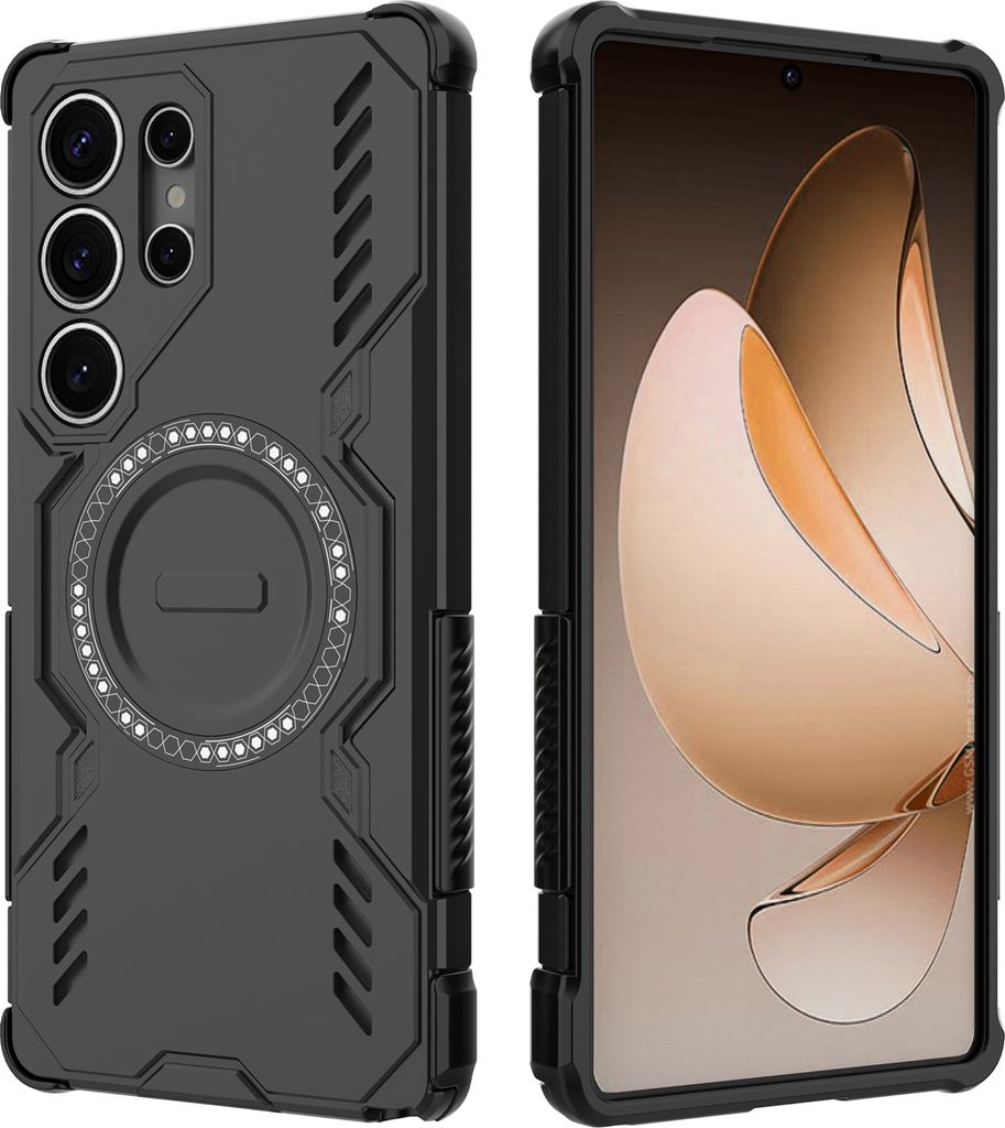 Magnetisch Hülle für Samsung Galaxy S25 Ultra, Hybrid PC TPU Bumper Stoßfestes Loch Wärmeableitung Handyhülle Schwarz