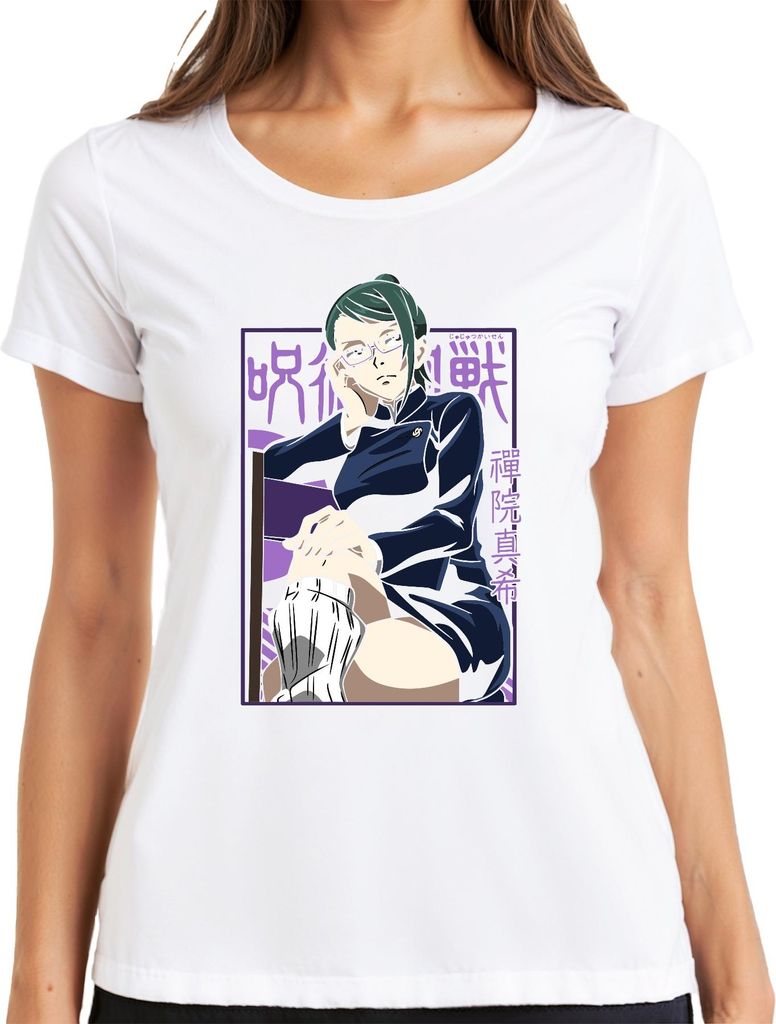 Maki Zenin Jujutsu Kaisen Anime Ästhetik Brille Kämpferin Geschenk Damen T-Shirt, Weiß, S