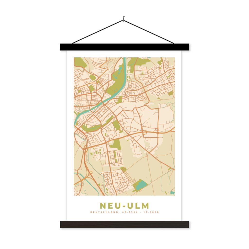 MuchoWow Textilposter Stadtplan - Neu-Ulm - Karte - Vintage 120x180 cm mit schwarzem Rahmen - Fotos