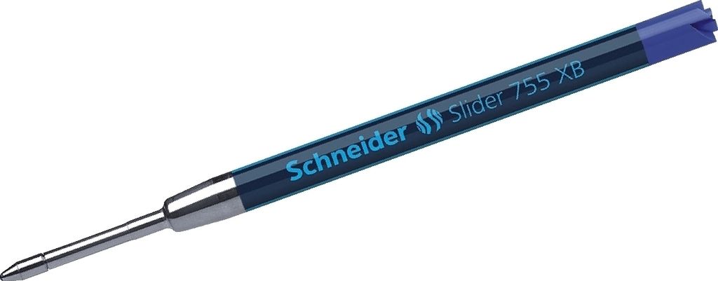 A close-up shot of a blue and silver ballpoint pen refill on a white background.