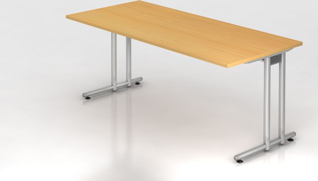 Schreibtisch Mauno | Buche | BxT 180x80cm | Arbeitshöhe 72cm | höhenjustierbar 0-10 mm | C-Fuß-Gestell Silber | Rechteckform