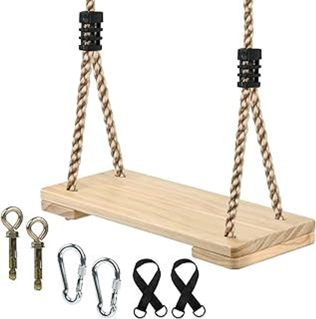 Holz Schaukel Outdoor bis 170 kg, Holzschaukel iIndoor mit Verstellbarer Schnur, Schaukelsitz Erwachsene Kinder, Schaukelbrett für Garten, Terrass...