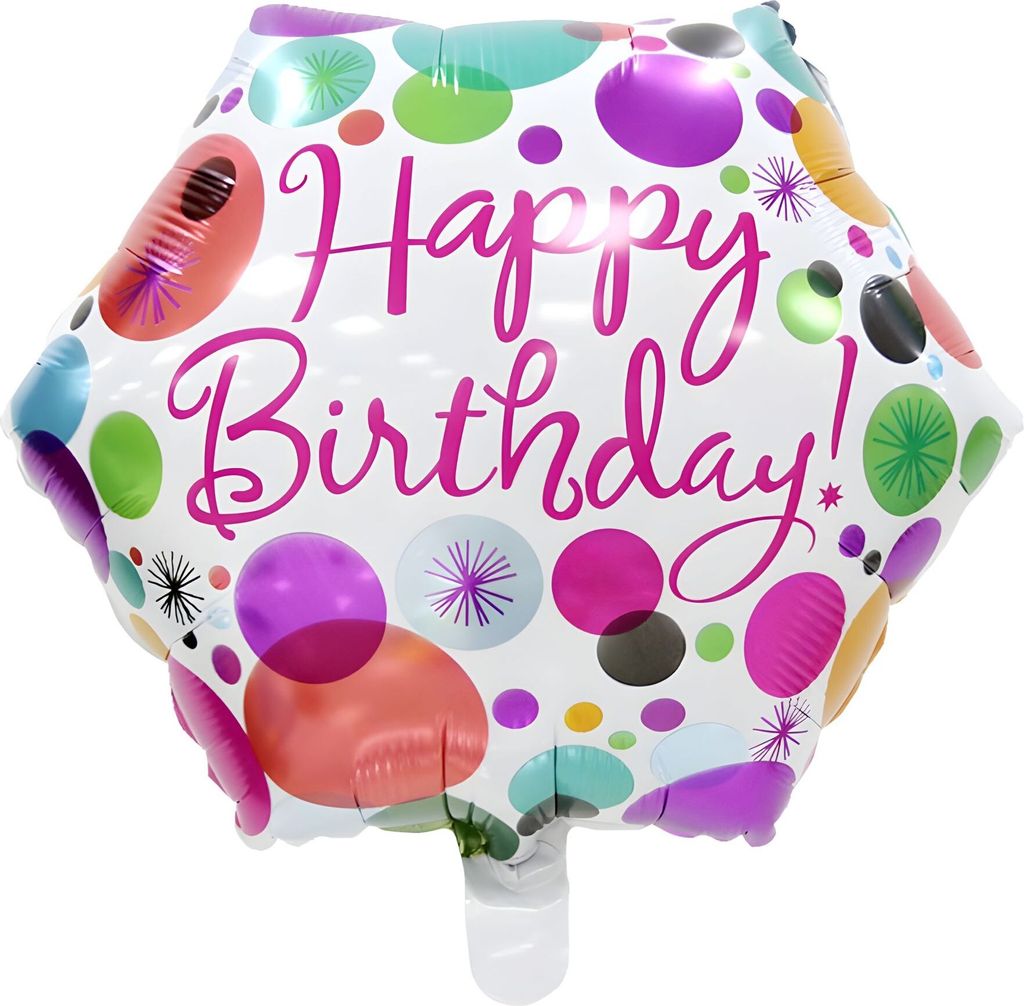 Folienballon Happy Birthday eckig 45 cm, Punkte weiß bunt