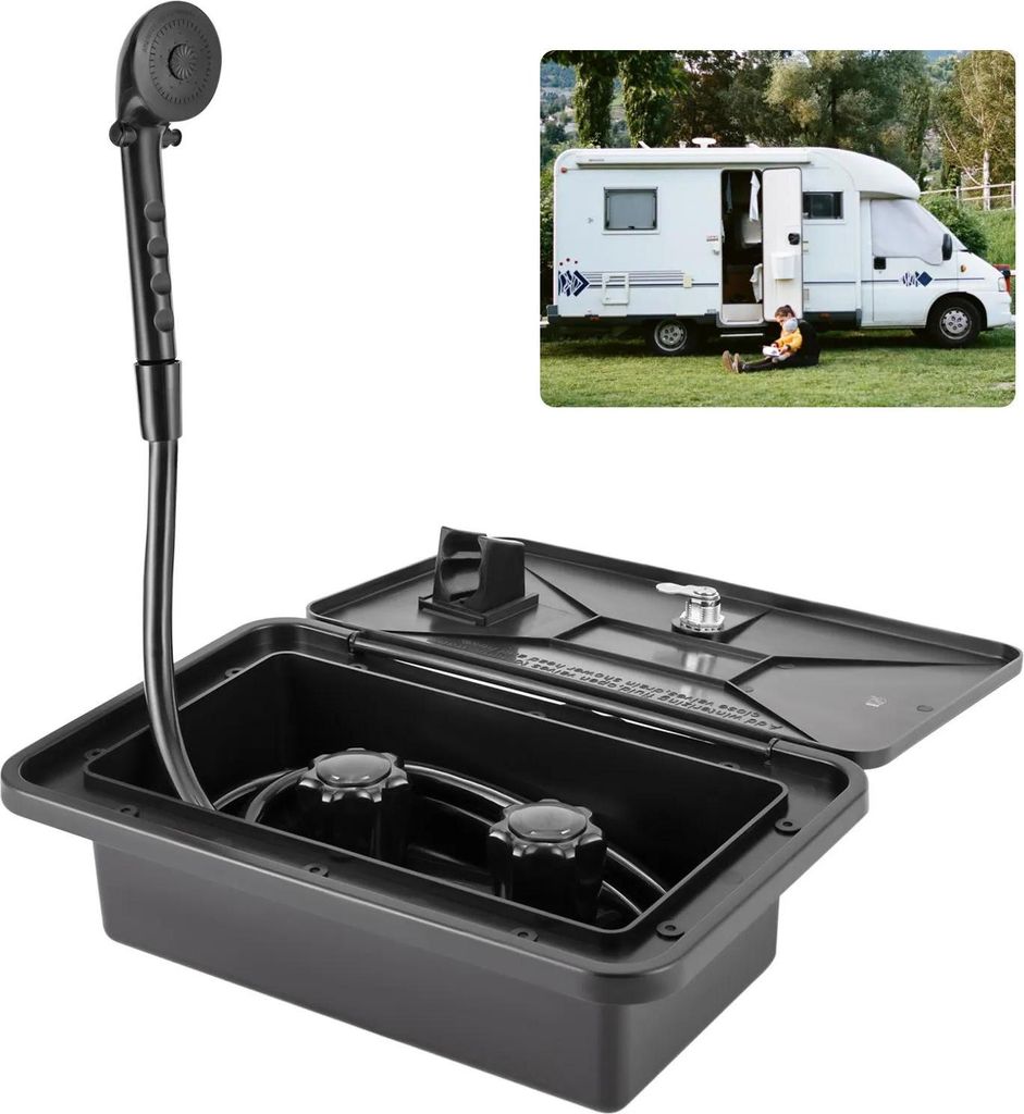 Universell Boot/Wohnmobil - Außendusche Box - Maße 34,5 x 22 cm - ABS/PVC - Schloss & Schlüssel - Warm/Kaltwasser - Direkter Ersatz - Schwarz