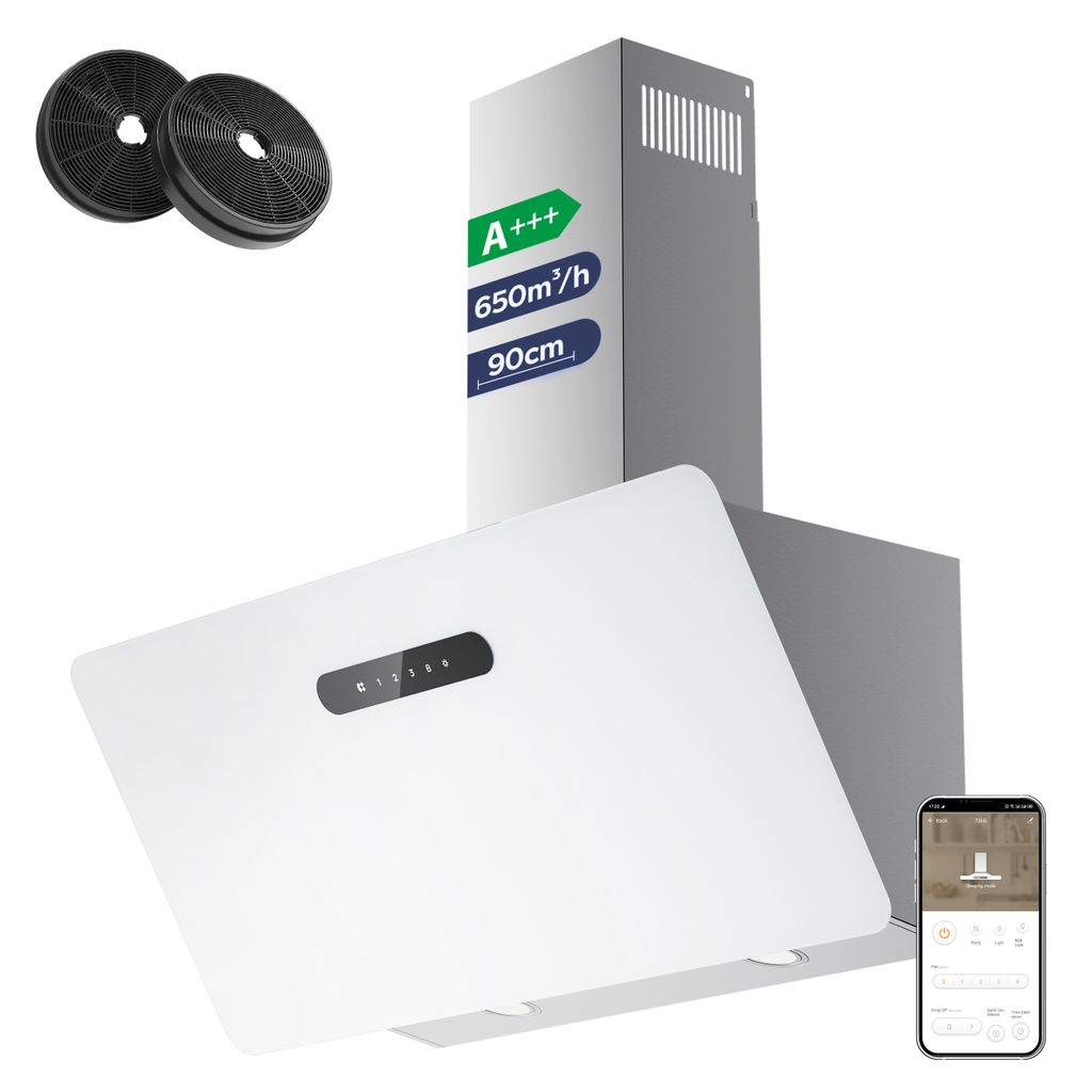 CIARRA A+++ 650 m³/h Dunstabzugshaube 90 cm Kopffreihaube WIFI + APP & Touch Control Booster VM9736KW