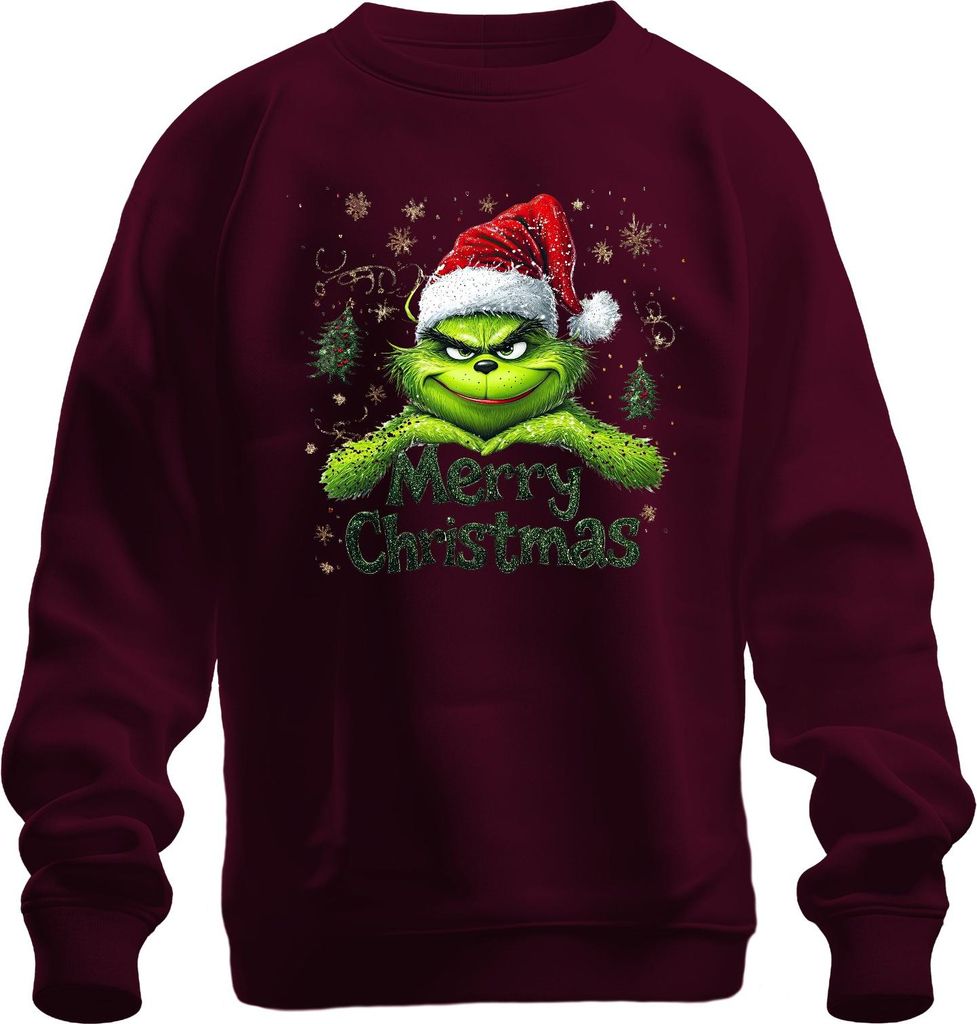 Grinch Merry Christmas Weihnachten Santa Hat Schneeflocke Geschenk Uni Sweatshirt Pullover, Burgundy, 3XL
