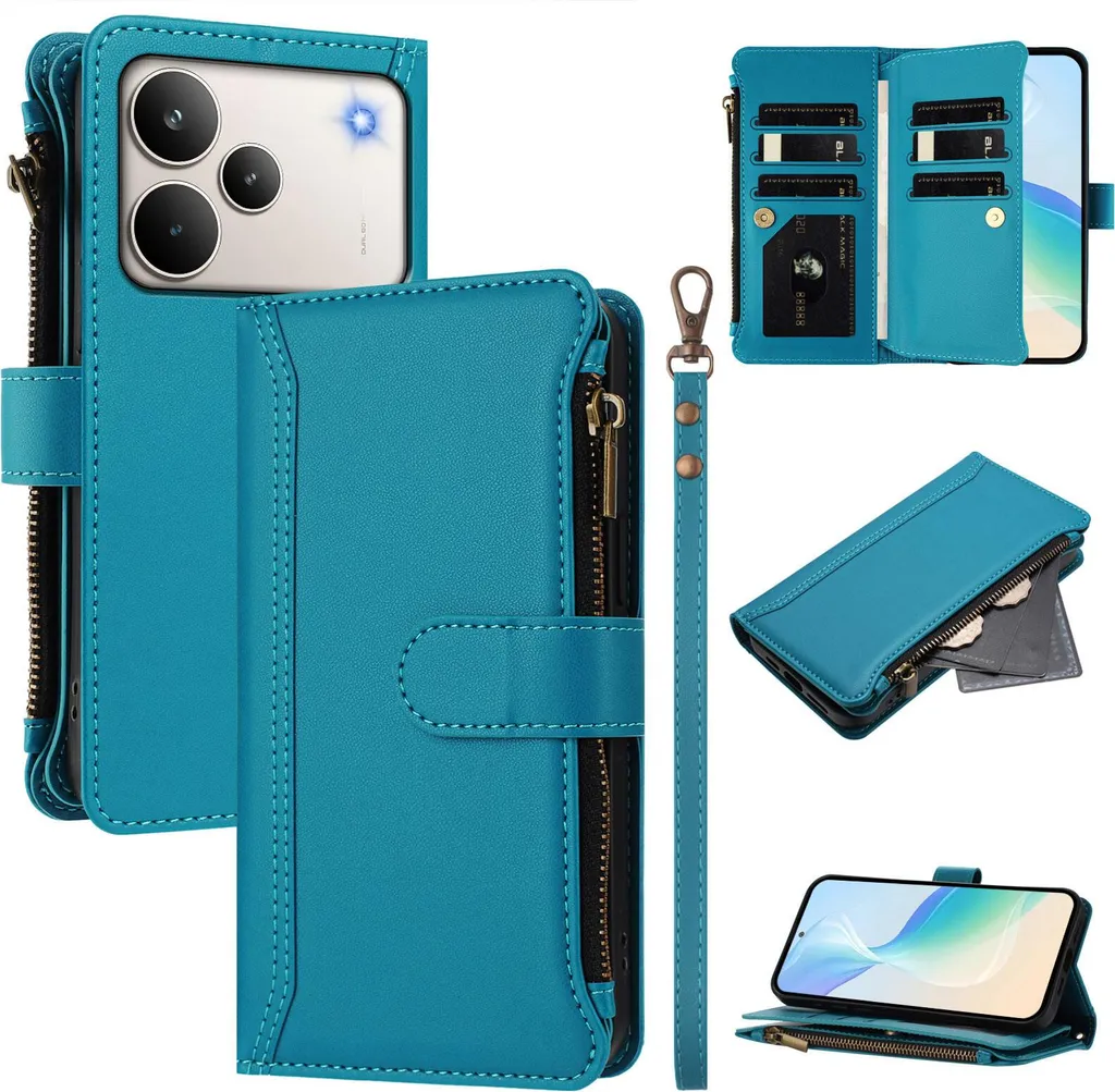 Custodia per Realme P4 Pro, con cerniera, portafoglio in Finto cuoio flip con tasche per carte, supporto e passante per la mano Lake blu