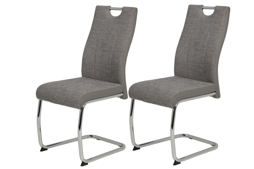 Hela Tische - 2er Set Freischwinger Esszimmerstuhl Alina Webstoff Grau - Metallgestell Chrom und Griffstange - Belastbarkeit 120 kg