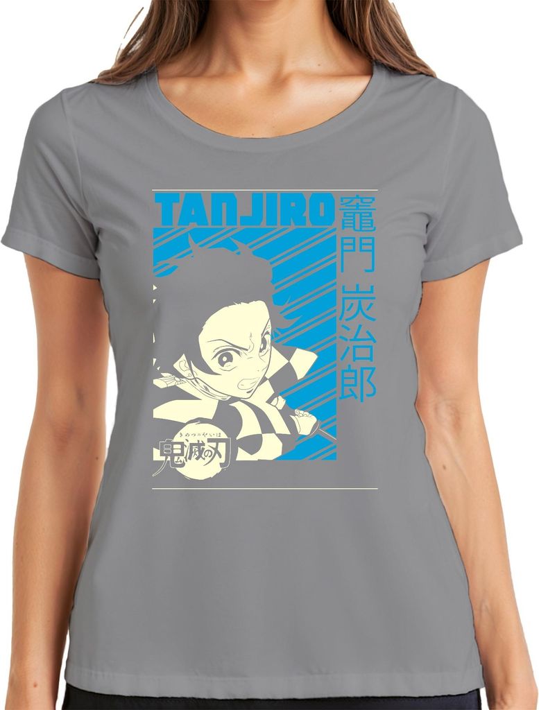 Tanjiro Kimetsu no Yaiba Schwert Karomuster Anime Geschenk Damen T-Shirt, Grau, 3XL