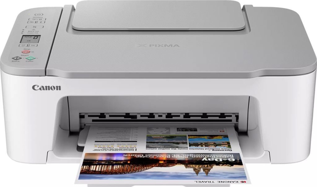 A white and gray Canon PIXMA TS3551i printer is shown from the front, with a printed document partially emerging from the output tray.