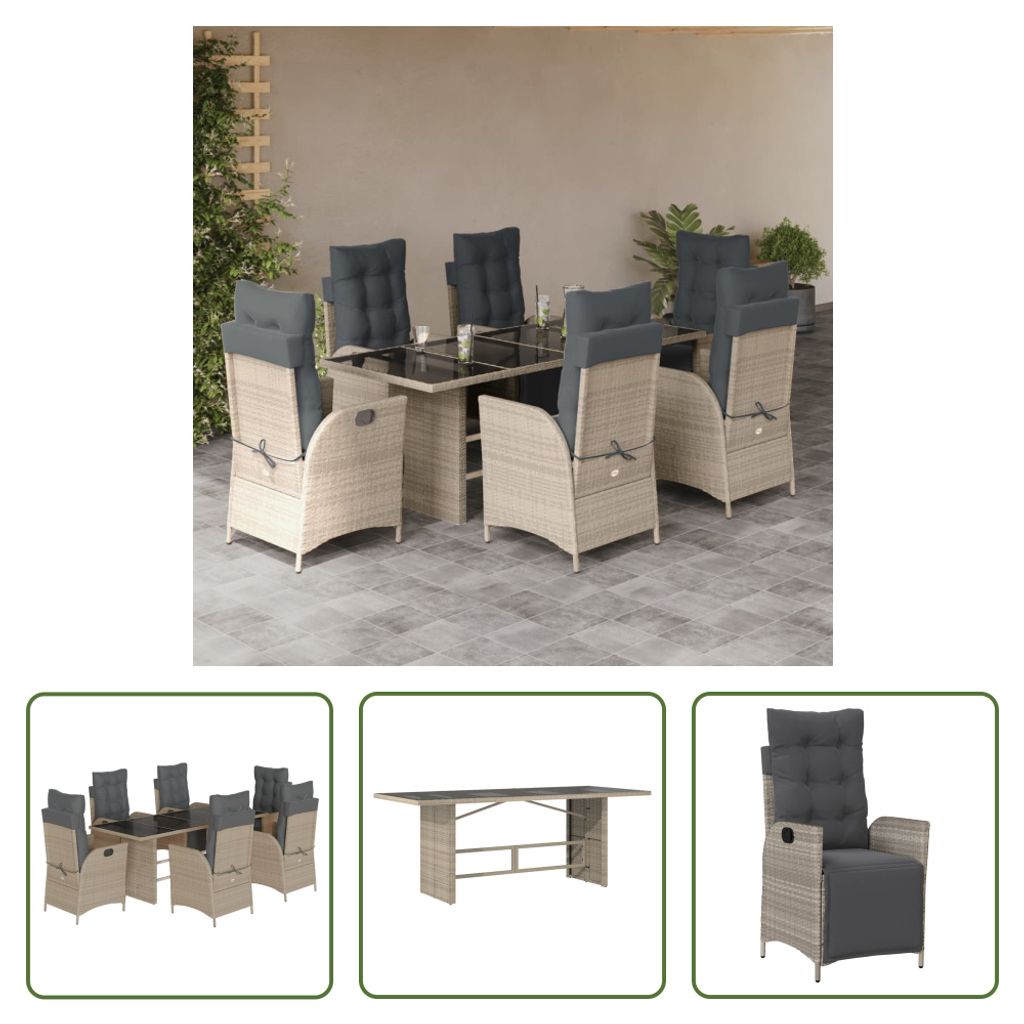 The Living Store 7-tlg. Garten-Essgruppe mit Kissen Hellgrau Poly Rattan