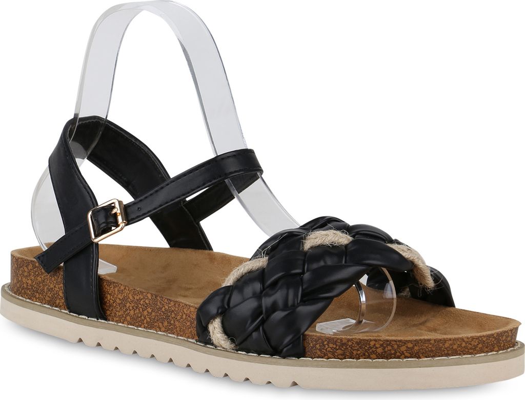 VAN HILL Damen Übergrößen Riemchensandalen Sandale Bast Profil-Sohle Schuhe 841270, Farbe: Schwarz, Größe: 43