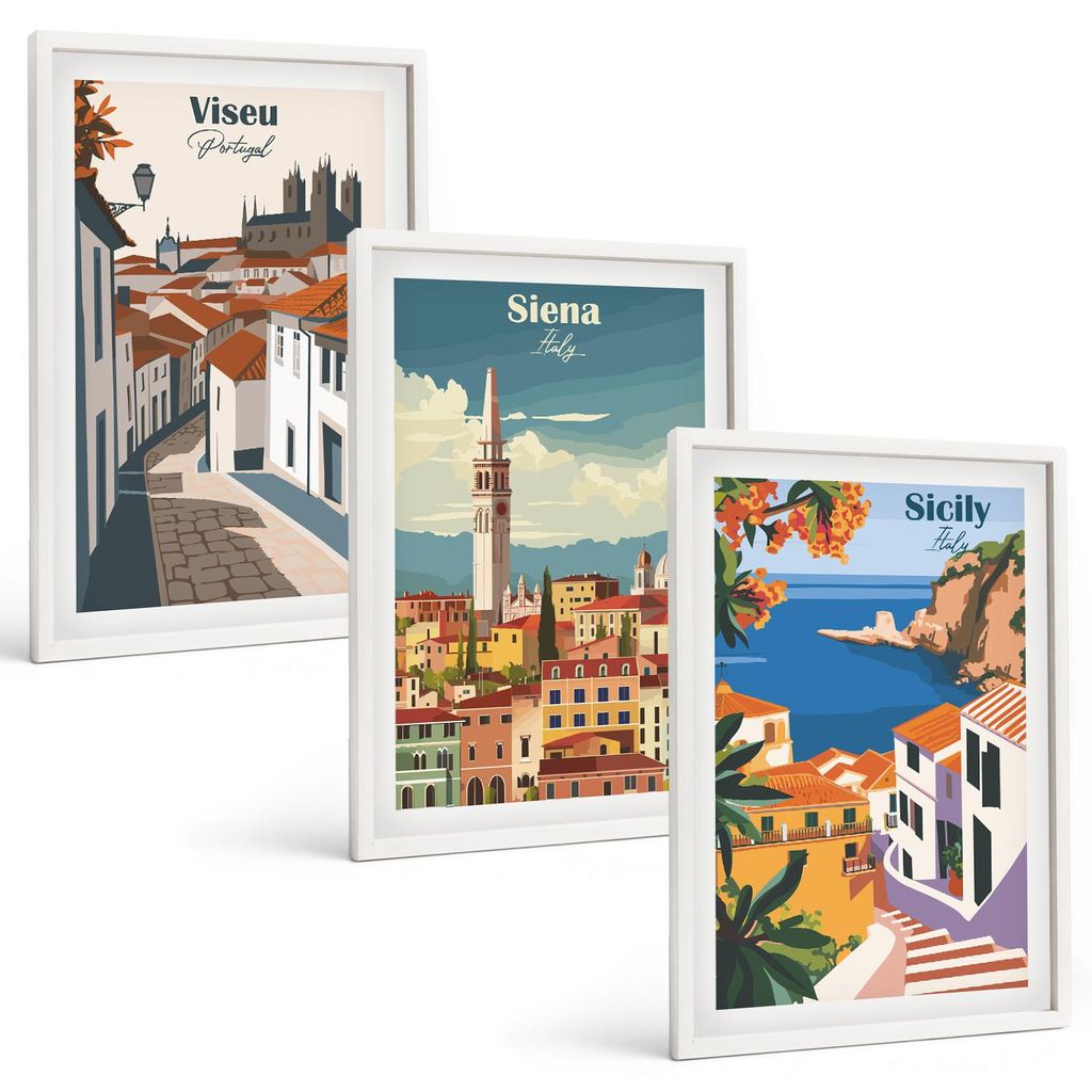 Bilder Set 3-teilig im weißen Rahmen – Wandbilder 3 Stück – gerahmte Poster für Wohnzimmer, Schlafzimmer und Flur – 40x60 cm – Retro-Ill...