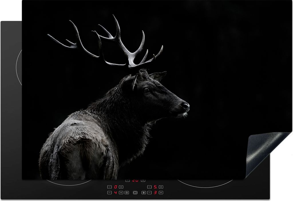 KitchenYeah Herdabdeckplatte Hirsch - Schwarz - Weiß - Geweih , 76x51cm, Küche Deko, Glaskeramikkochfeld Herdabdeckung, Abdeckplatte fùr Kochfeld
