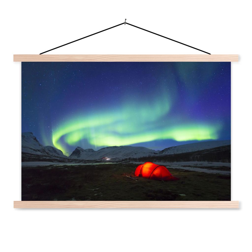 MuchoWow Textilposter Nordlichter - Zelt - Schweden 120x80 cm mit holzfarbenen Rahmen - Aufhängeset
