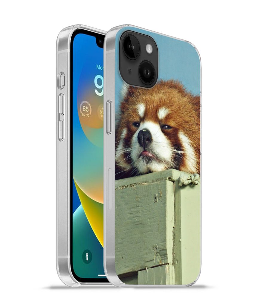 MuchoWow Handyhülle Schutzhülle Hülle für Apple iPhone 14 Plus - Soft case Panda - Holz - Rot Silikon Softcase Handy Hülle - Abbildung
