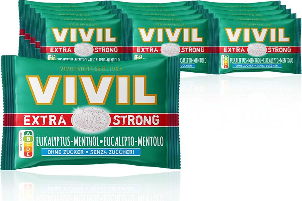 Multiple packs of VIVIL Extra Strong Eukalyptus-Menthol lozenges.