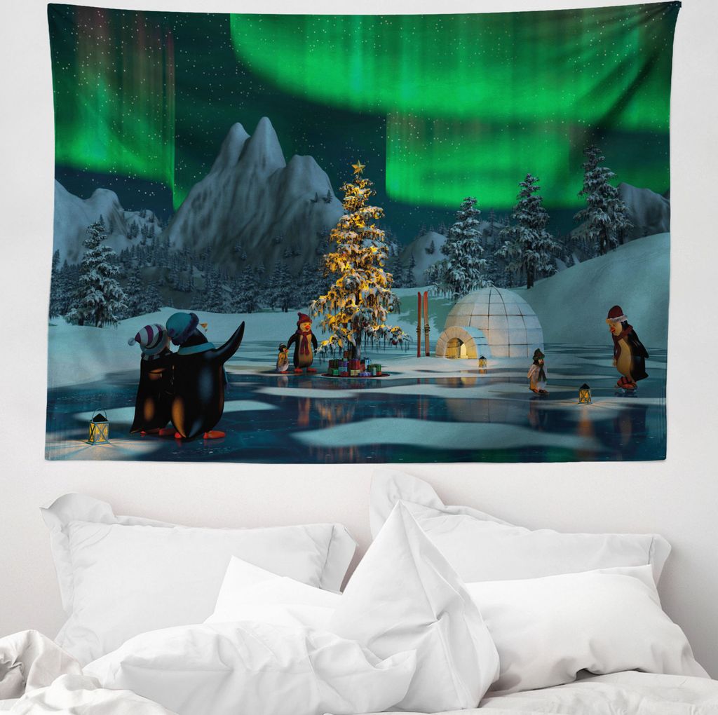 ABAKUHAUS Natur Wandteppich, Pinguine auf See aus Weiches Mikrofaser Stoff Waschbar ohne Verblassen Digitaldruck, 150 x 110 cm, Lindgrün Grau