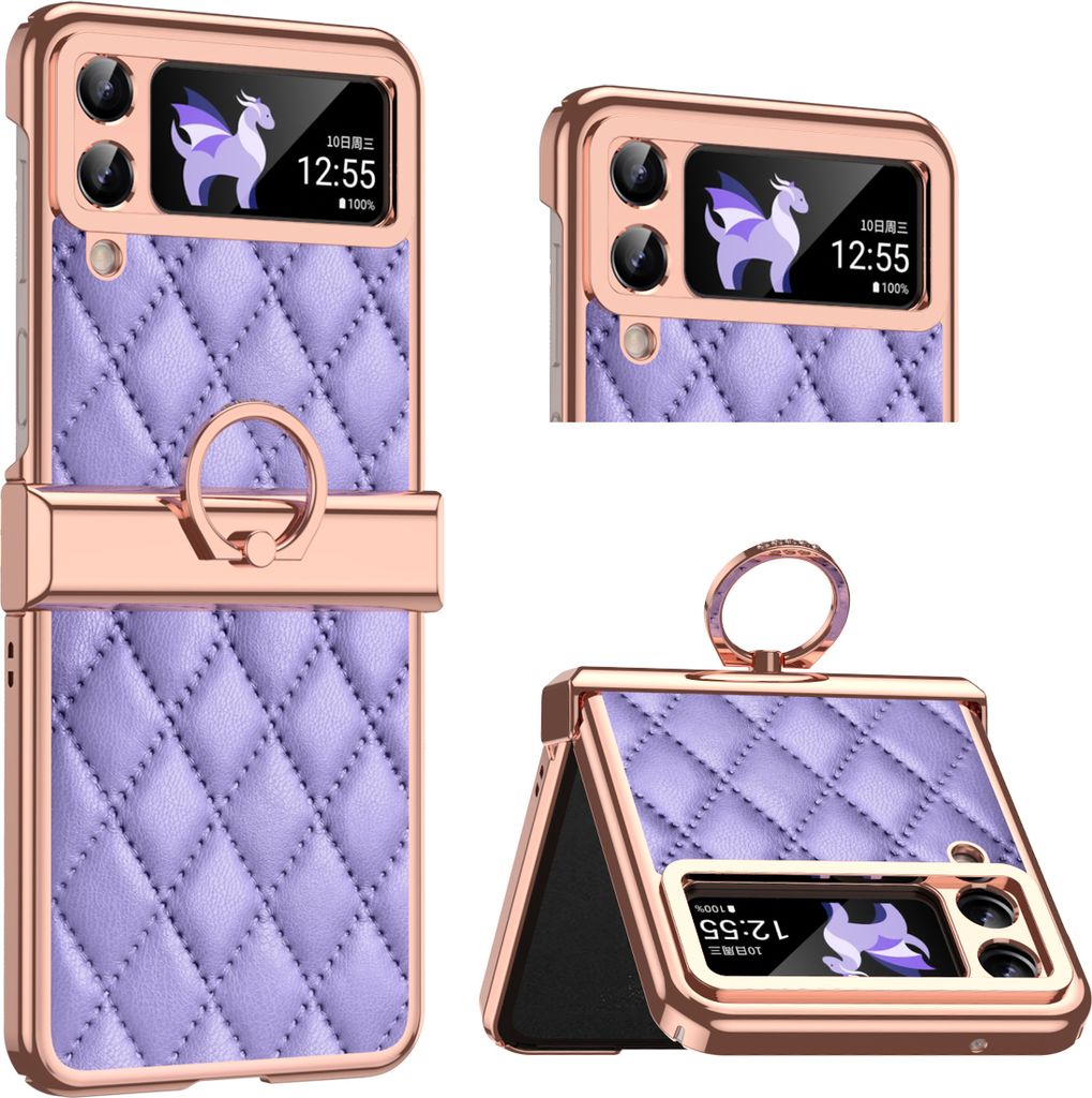 Luxus Leder Muster Galvanik Handyhülle für Samsung Galaxy Z Flip 4 5G mit Ringhalterung und Scharnierschutz Lila
