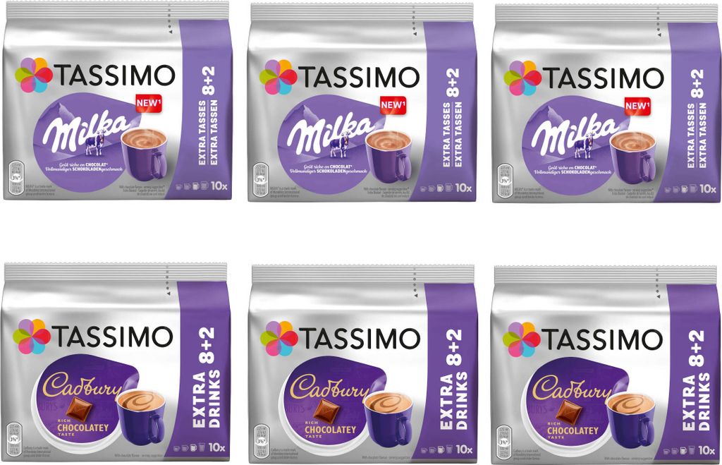 TASSIMO Kapseln Heiße Schokolade Paket 3x Milka + 3x Cadbury - 60 Kakao-Getränke