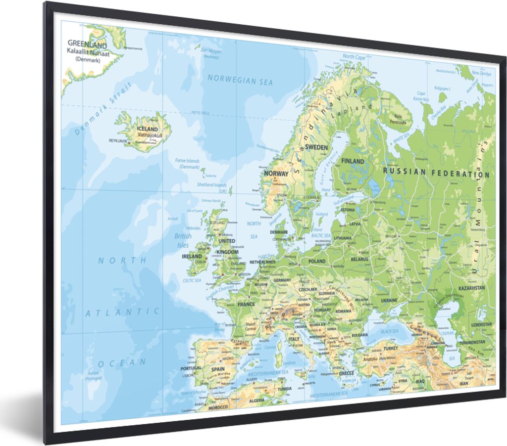MuchoWow MuchoWow Gerahmtes Poster Karte - Europa - Geographie 80x60 cm - Poster mit zchwarzem Bilderrahmen - Schwarzem - Mit Gestell